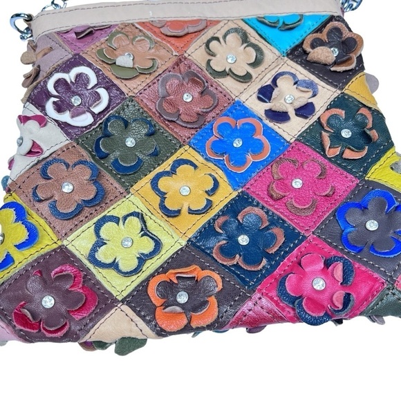 Multi-colored 3D Floral Leather Rhinestone Shoulder Bag Clutch Bag - Picture 4 of 16